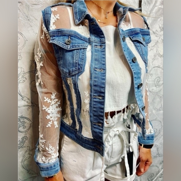 Gracia frayed denim trim lace embroidered denim jean jacket - Picture 3 of 5
